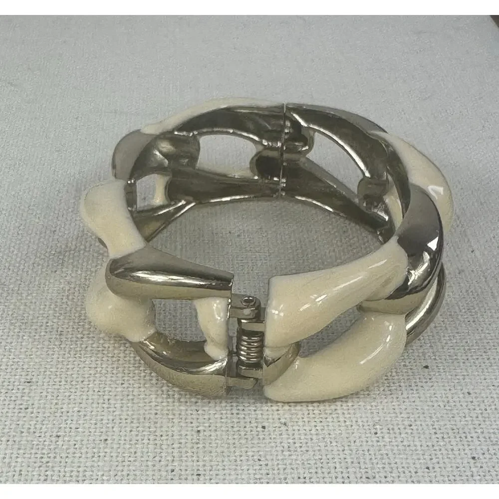 Vintage Cream/Ivory Hinged Enamel & Gold-Tone Clamper Bracelet w/ Chunky Links